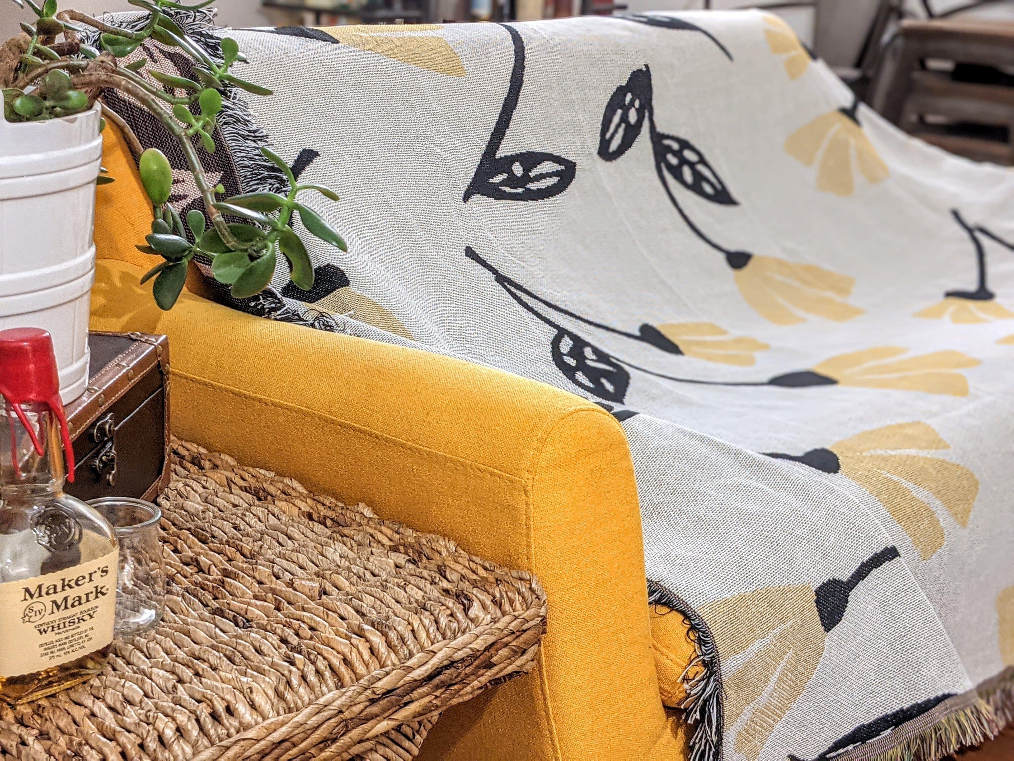 DaDa Bedding Yellow Fleur Botanical Sunshine Golden Floral Woven Tapestry Throw Blanket - 50” x 60” (18112) DaDalogy Bedding Collection