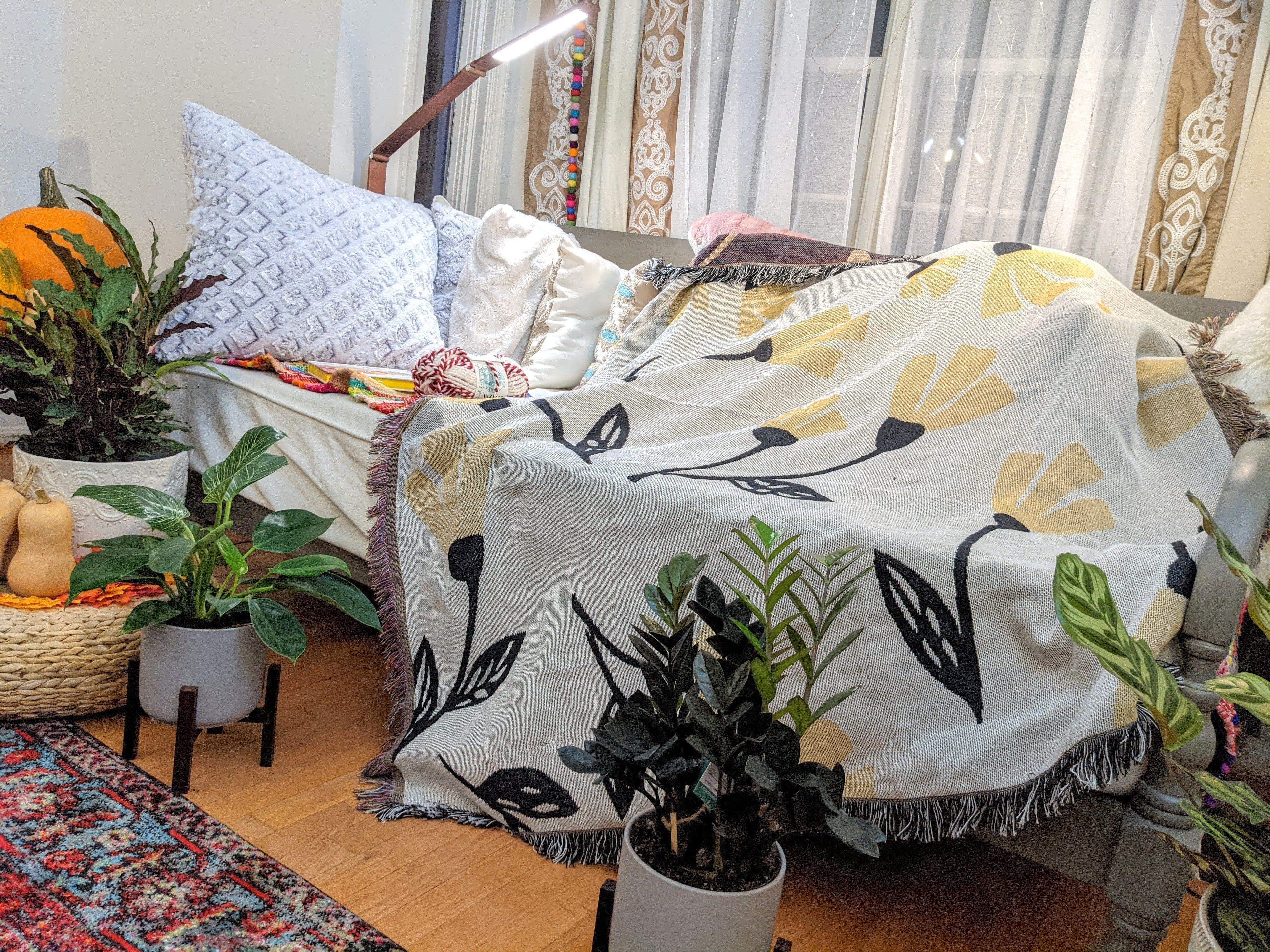 DaDa Bedding Yellow Fleur Botanical Sunshine Golden Floral Woven Tapestry Throw Blanket - 50” x 60” (18112) DaDalogy Bedding Collection