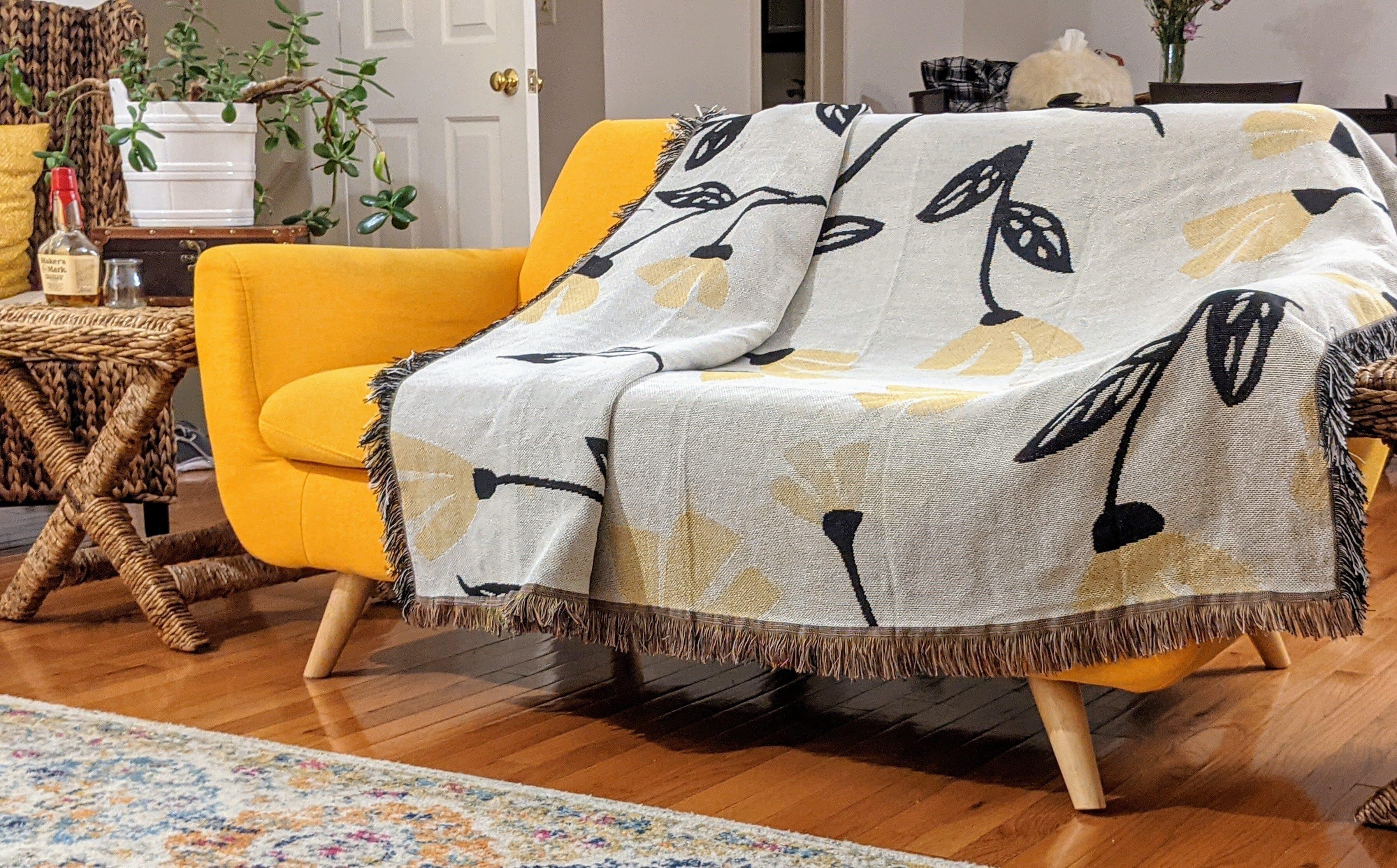 DaDa Bedding Yellow Fleur Botanical Sunshine Golden Floral Woven Tapestry Throw Blanket - 50” x 60” (18112) DaDalogy Bedding Collection