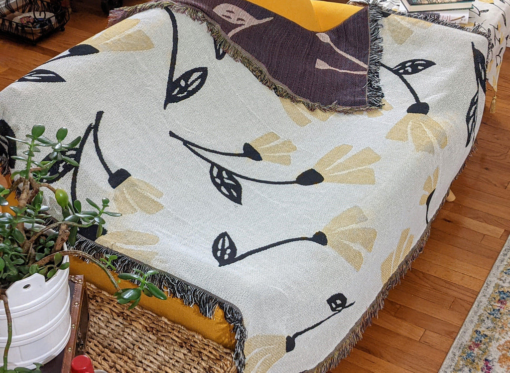 DaDa Bedding Yellow Fleur Botanical Sunshine Golden Floral Woven Tapestry Throw Blanket - 50” x 60” (18112) DaDalogy Bedding Collection