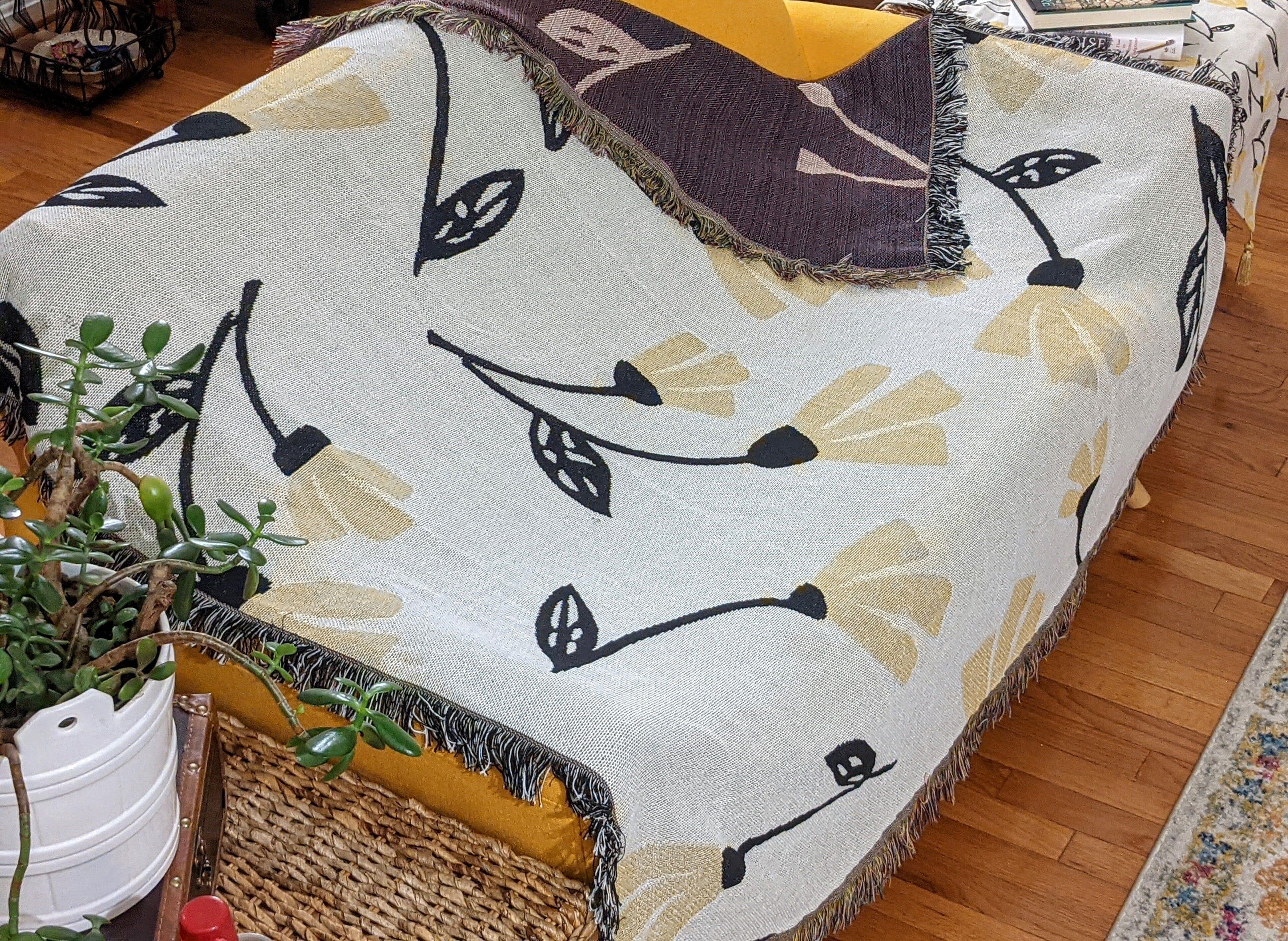 DaDa Bedding Yellow Fleur Botanical Sunshine Golden Floral Woven Tapestry Throw Blanket - 50” x 60” (18112) DaDalogy Bedding Collection