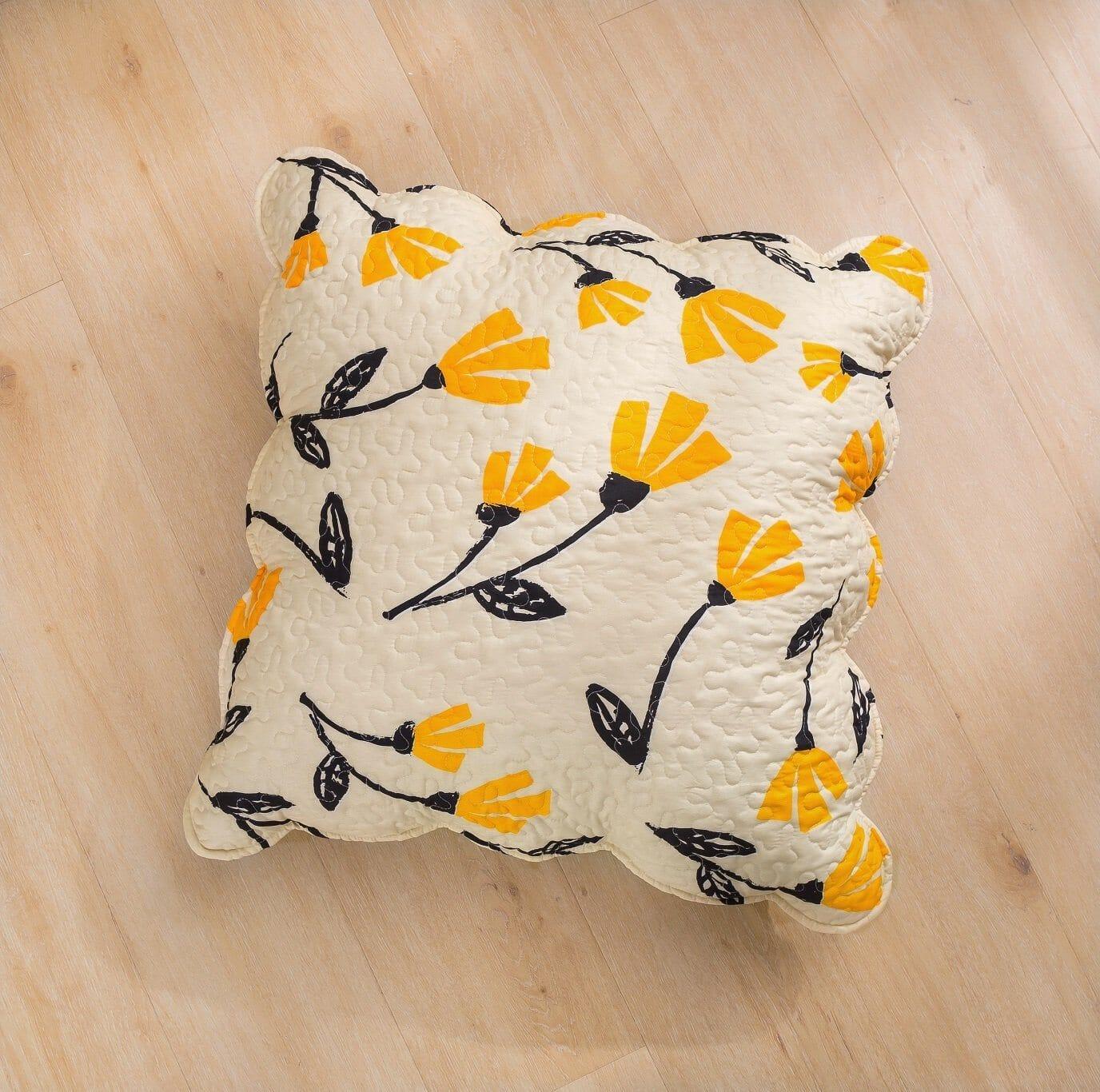 DaDa Bedding Yellow Fleur Floral Golden Orange Ivory Cream Scalloped Euro Pillow Sham Cover, 26" x 26" (18112) DaDalogy Bedding Collection