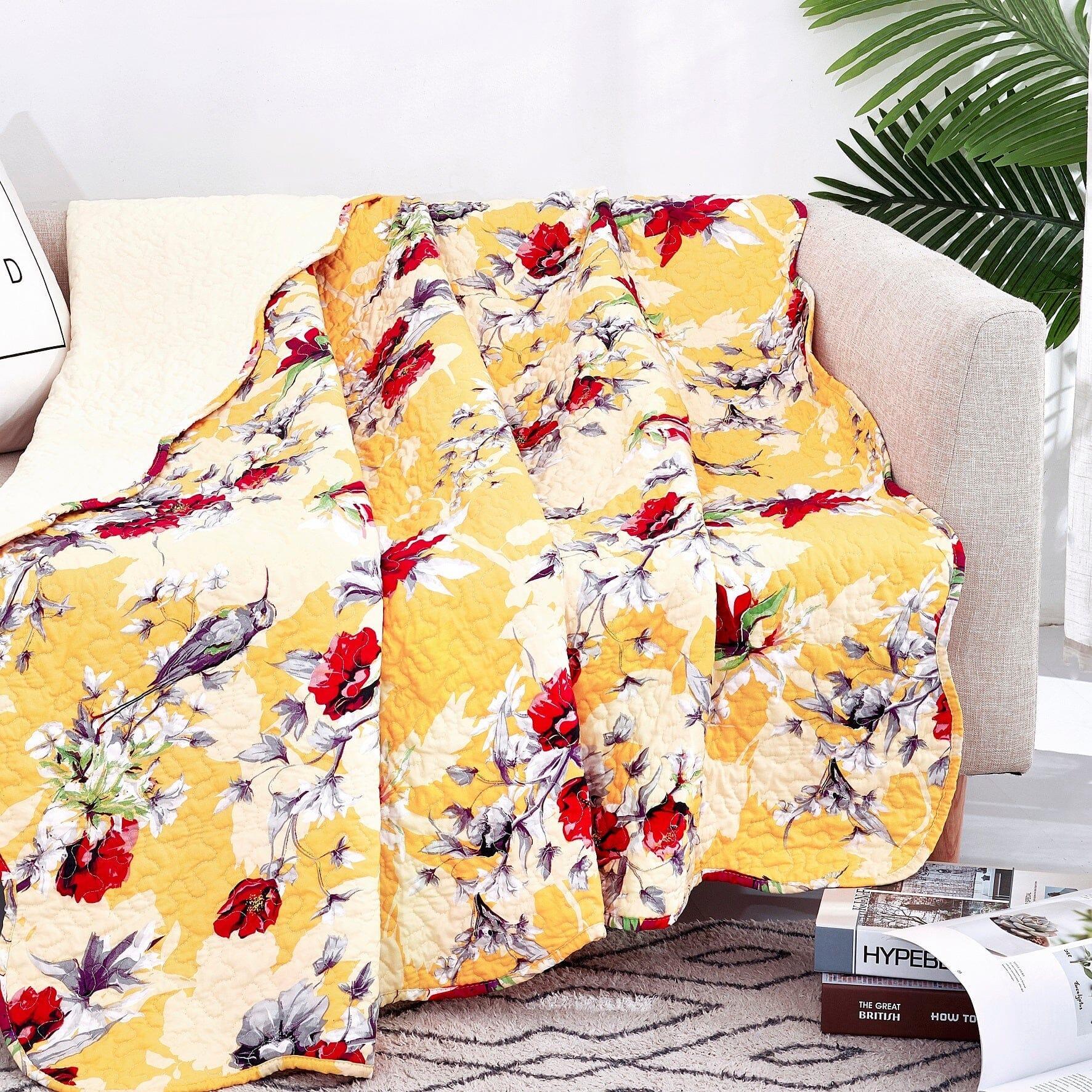 DaDa Bedding Yellow Floral Quilted Throw Blanket - Hummingbirds Farmhouse Red Flowers for Couch, Sofa or Bed- Scalloped Edges - 50 x 60 DaDalogy Bedding Collection
