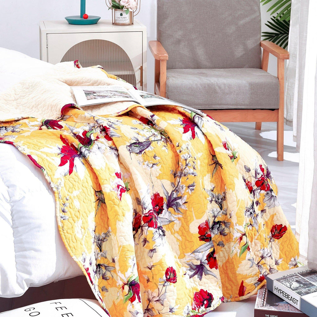DaDa Bedding Yellow Floral Quilted Throw Blanket - Hummingbirds Farmhouse Red Flowers for Couch, Sofa or Bed- Scalloped Edges - 50 x 60 DaDalogy Bedding Collection