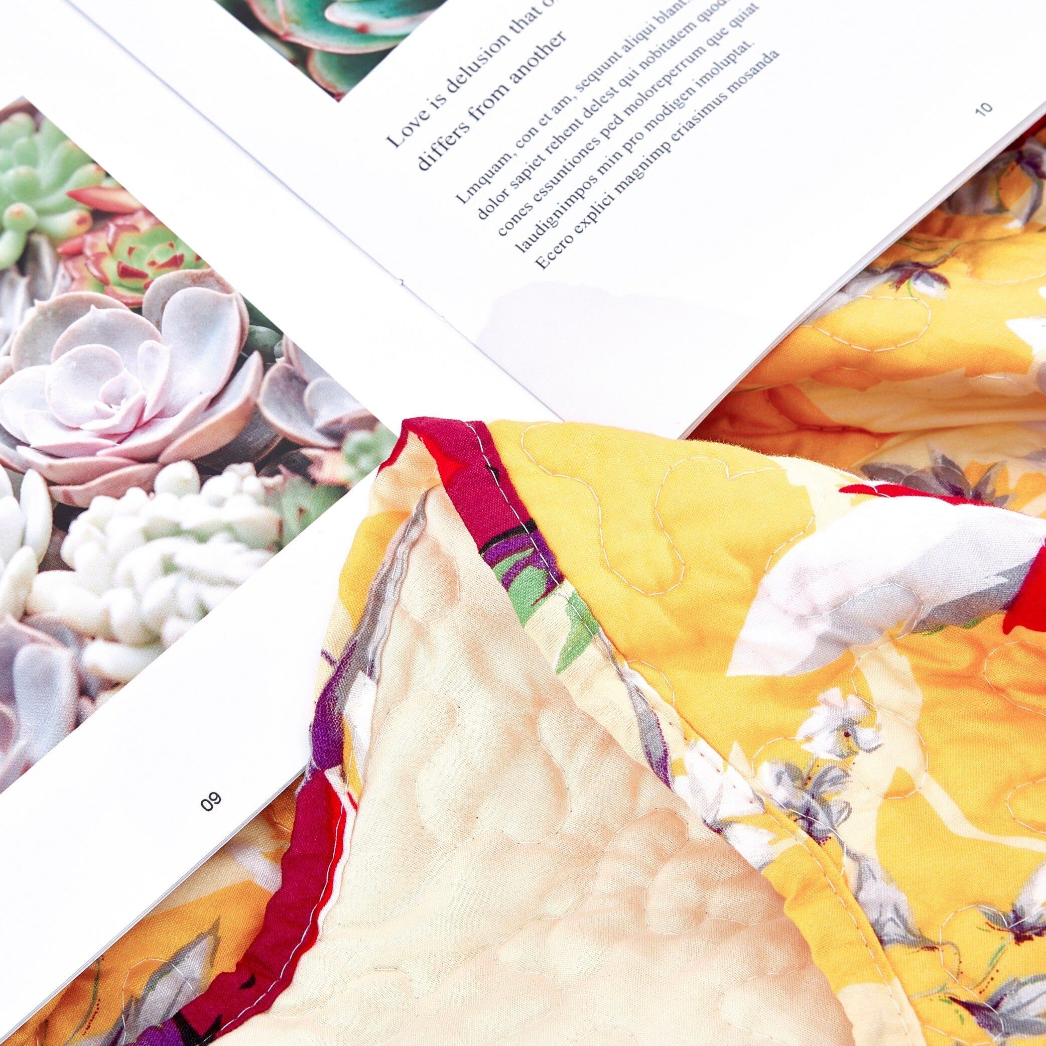 DaDa Bedding Yellow Floral Quilted Throw Blanket - Hummingbirds Farmhouse Red Flowers for Couch, Sofa or Bed- Scalloped Edges - 50 x 60 DaDalogy Bedding Collection