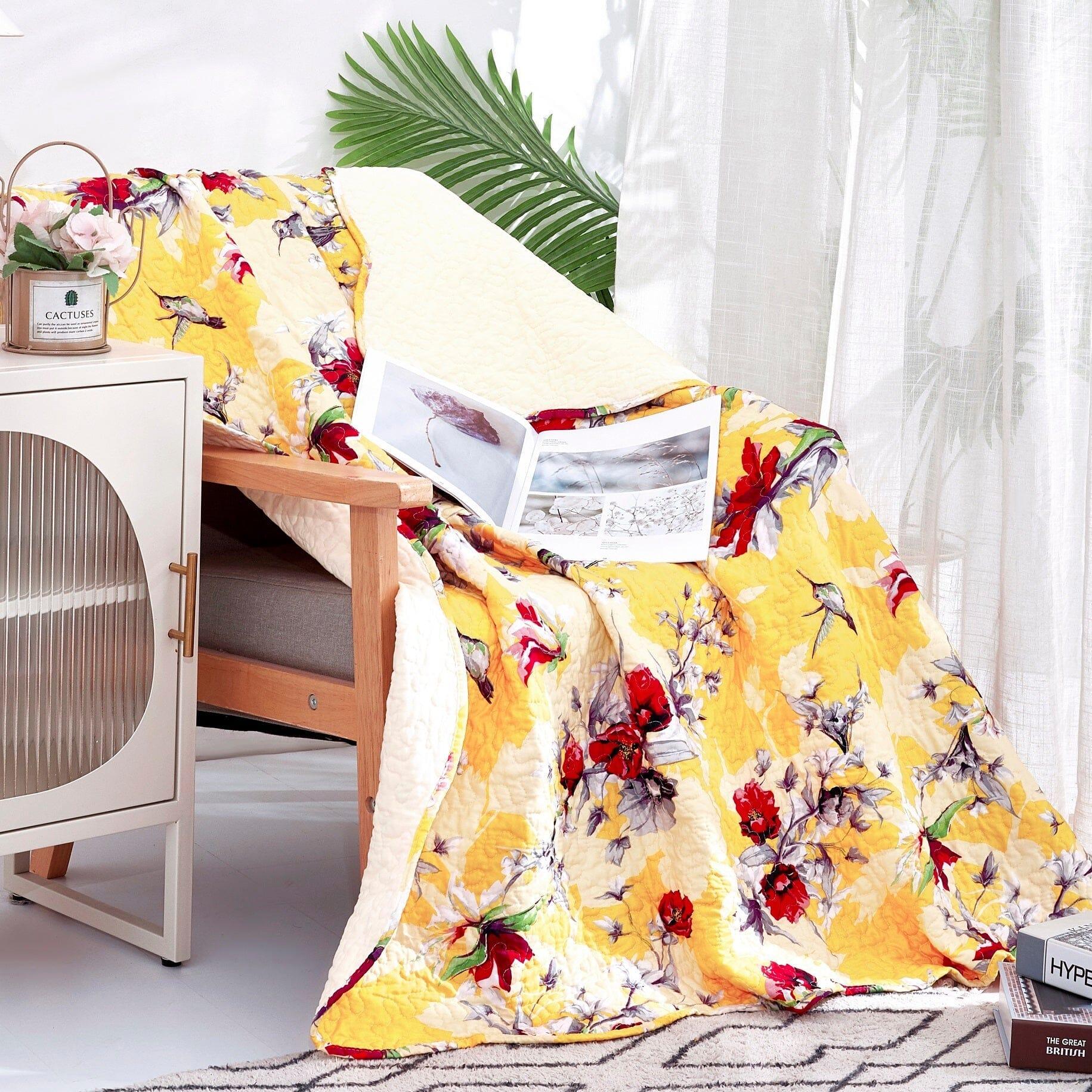 DaDa Bedding Yellow Floral Quilted Throw Blanket - Hummingbirds Farmhouse Red Flowers for Couch, Sofa or Bed- Scalloped Edges - 50 x 60 DaDalogy Bedding Collection