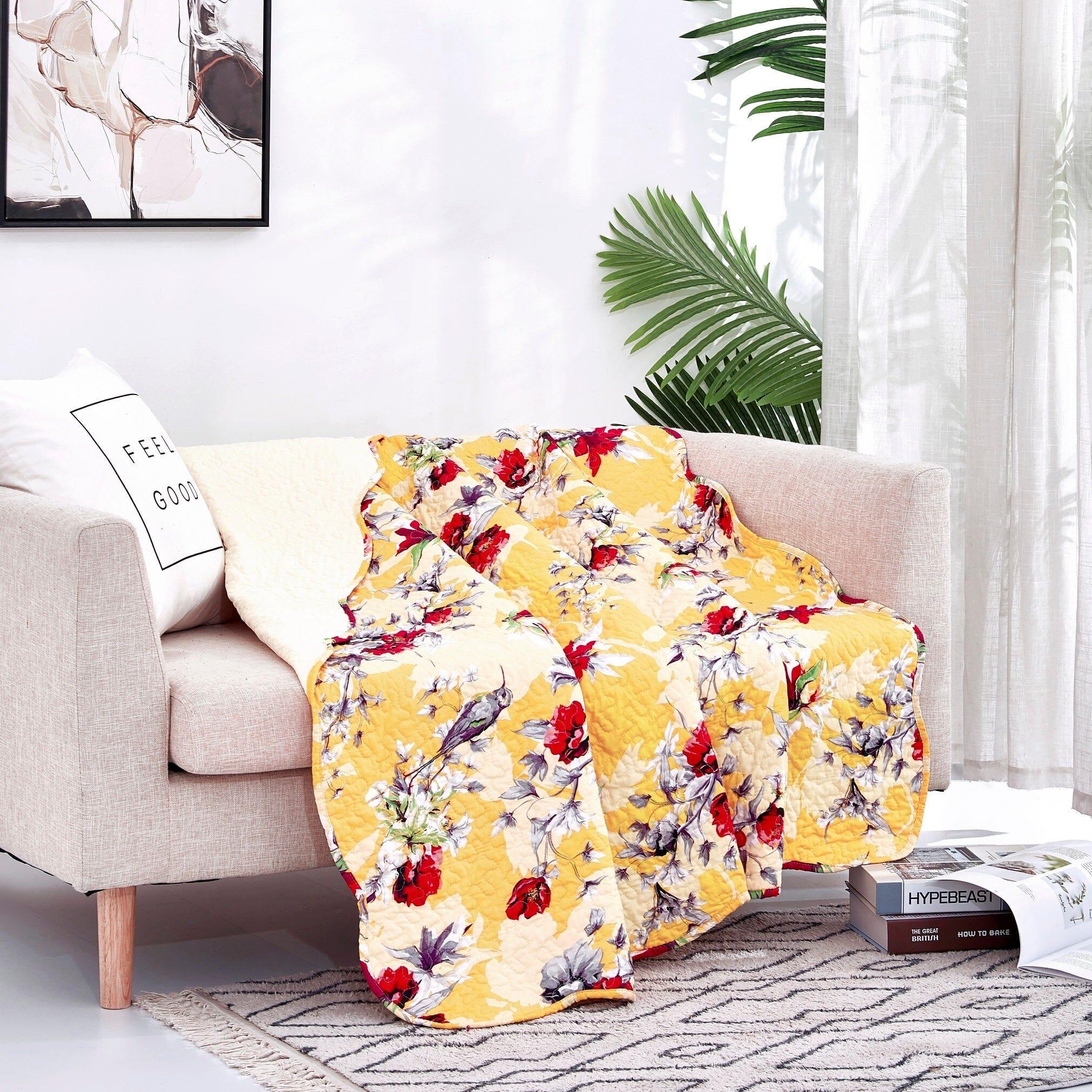 DaDa Bedding Yellow Floral Quilted Throw Blanket - Hummingbirds Farmhouse Red Flowers for Couch, Sofa or Bed- Scalloped Edges - 50 x 60 DaDalogy Bedding Collection