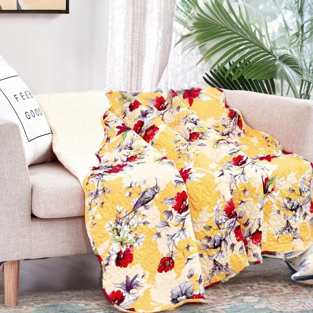 DaDa Bedding Yellow Floral Quilted Throw Blanket - Hummingbirds Farmhouse Red Flowers for Couch, Sofa or Bed- Scalloped Edges - 50 x 60 DaDalogy Bedding Collection