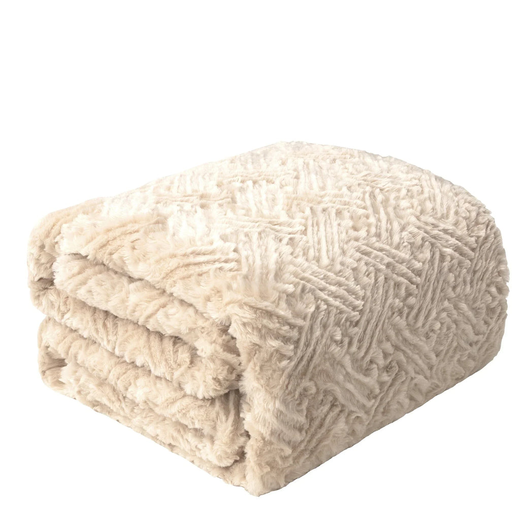 DaDalogy Bedding Champagne Ivory Faux Fur Throw Blanket - Dreamy Gold Geometric Embossed Sherpa Backside - Super Soft Warm Cozy Plush Fluffy DaDalogy Bedding Collection