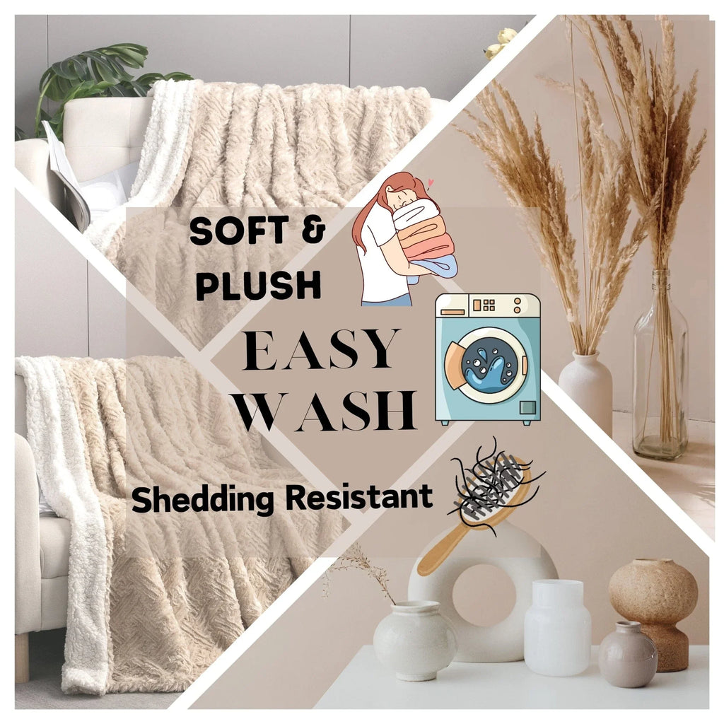 DaDalogy Bedding Champagne Ivory Faux Fur Throw Blanket - Dreamy Gold Geometric Embossed Sherpa Backside - Super Soft Warm Cozy Plush Fluffy DaDalogy Bedding Collection