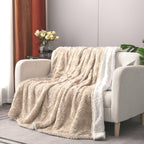 DaDalogy Bedding Champagne Ivory Faux Fur Throw Blanket - Dreamy Gold Geometric Embossed Sherpa Backside - Super Soft Warm Cozy Plush Fluffy DaDalogy Bedding Collection