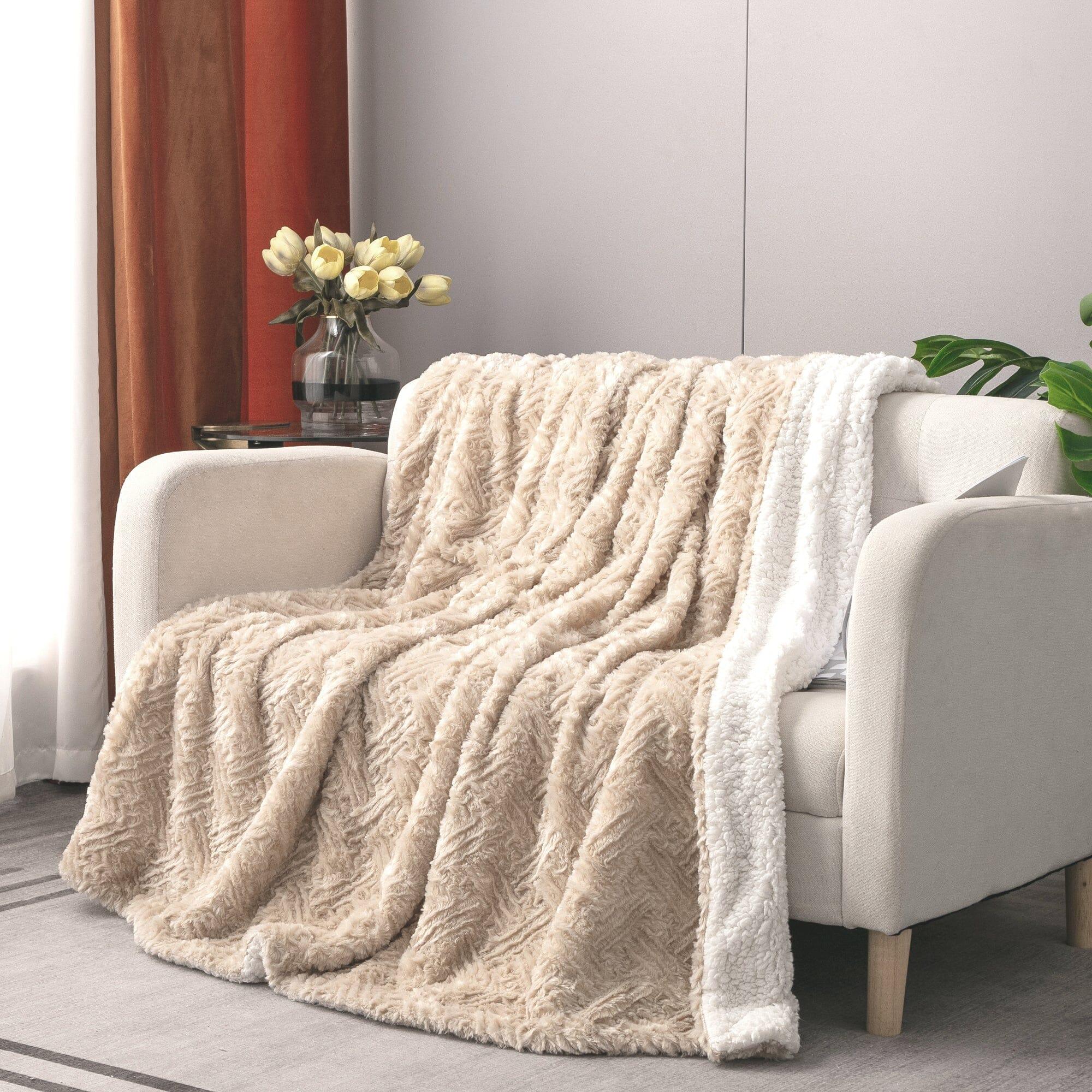 DaDalogy Bedding Champagne Ivory Faux Fur Throw Blanket - Dreamy Gold Geometric Embossed Sherpa Backside - Super Soft Warm Cozy Plush Fluffy DaDalogy Bedding Collection