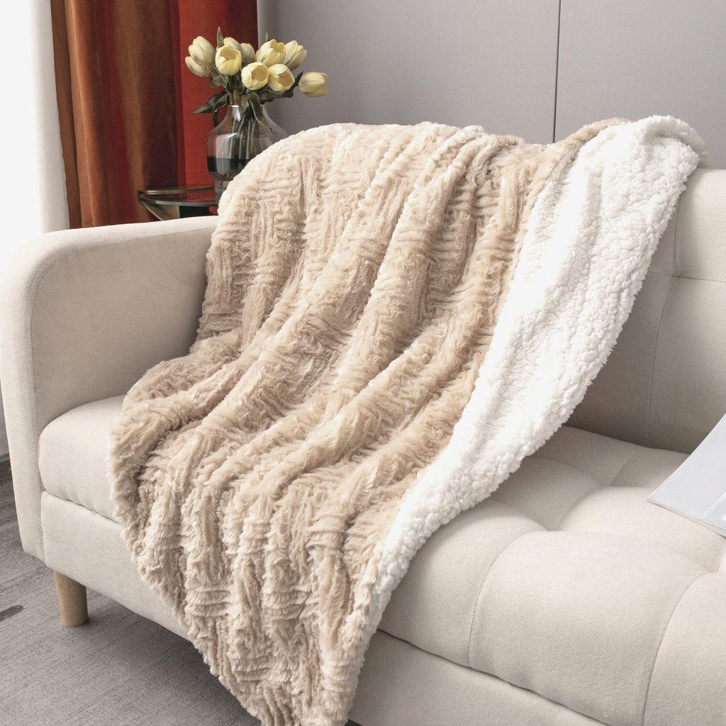 DaDalogy Bedding Champagne Ivory Faux Fur Throw Blanket - Dreamy Gold Geometric Embossed Sherpa Backside - Super Soft Warm Cozy Plush Fluffy DaDalogy Bedding Collection