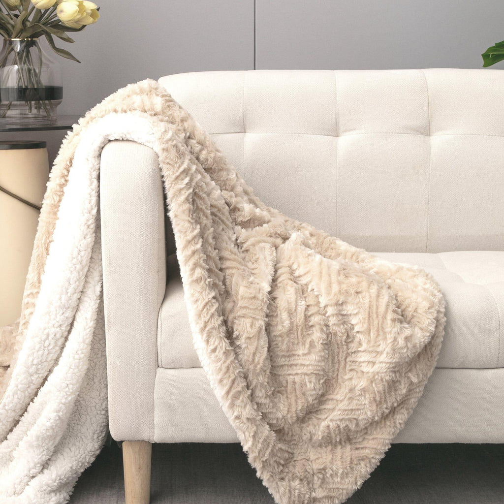 DaDalogy Bedding Champagne Ivory Faux Fur Throw Blanket - Dreamy Gold Geometric Embossed Sherpa Backside - Super Soft Warm Cozy Plush Fluffy DaDalogy Bedding Collection