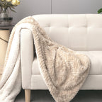 DaDalogy Bedding Champagne Ivory Faux Fur Throw Blanket - Dreamy Gold Geometric Embossed Sherpa Backside - Super Soft Warm Cozy Plush Fluffy DaDalogy Bedding Collection