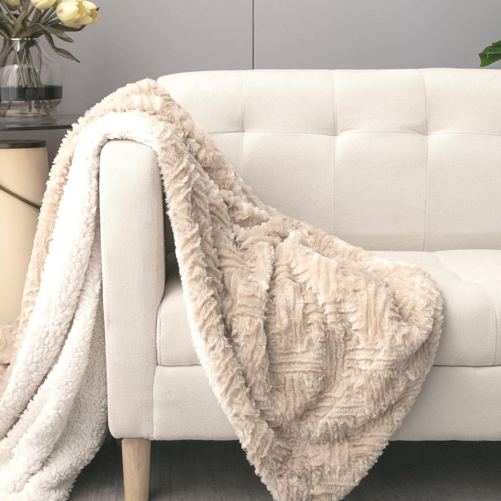 DaDalogy Bedding Champagne Ivory Faux Fur Throw Blanket - Dreamy Gold Geometric Embossed Sherpa Backside - Super Soft Warm Cozy Plush Fluffy DaDalogy Bedding Collection