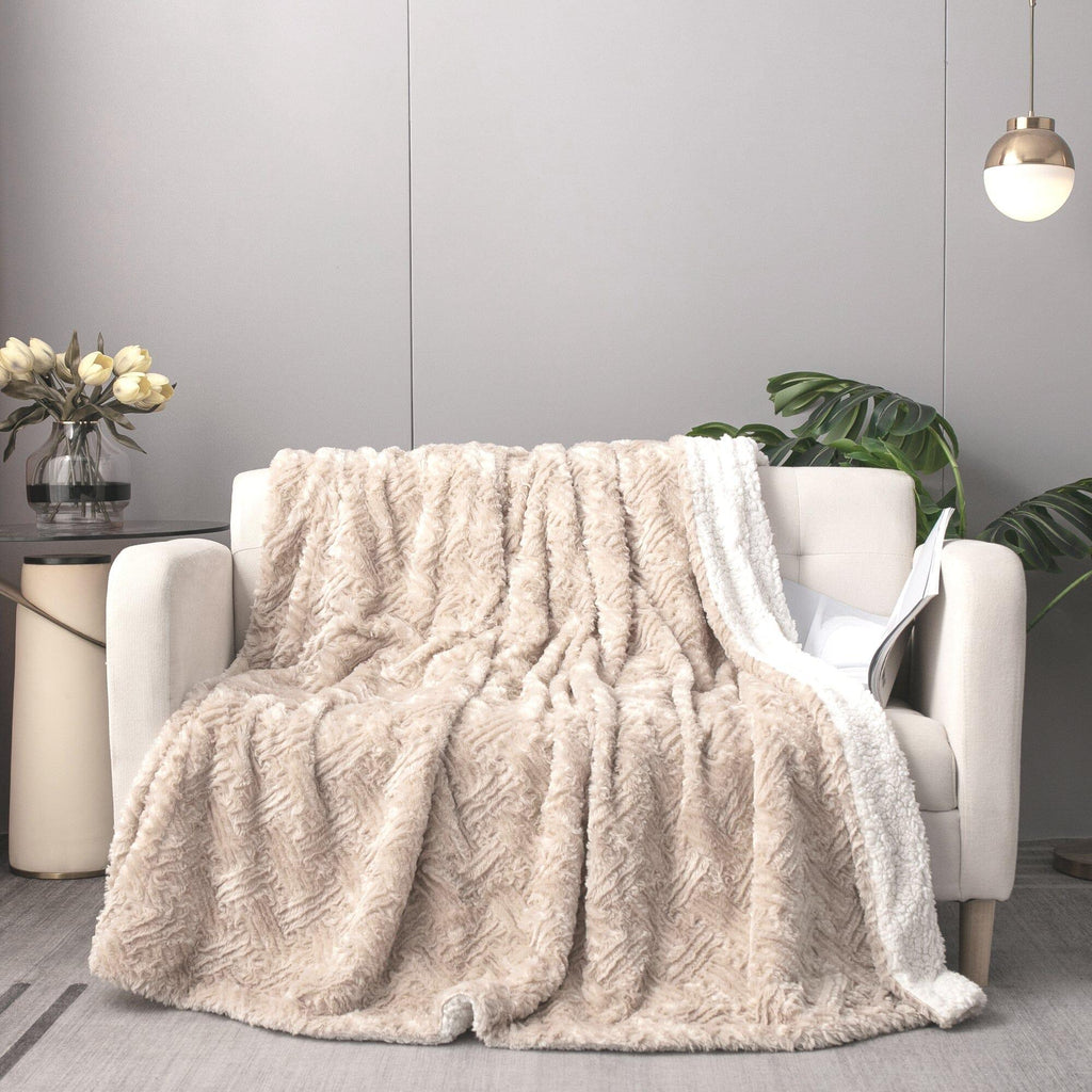 DaDalogy Bedding Champagne Ivory Faux Fur Throw Blanket - Dreamy Gold Geometric Embossed Sherpa Backside - Super Soft Warm Cozy Plush Fluffy DaDalogy Bedding Collection