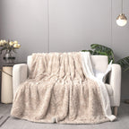 DaDalogy Bedding Champagne Ivory Faux Fur Throw Blanket - Dreamy Gold Geometric Embossed Sherpa Backside - Super Soft Warm Cozy Plush Fluffy DaDalogy Bedding Collection