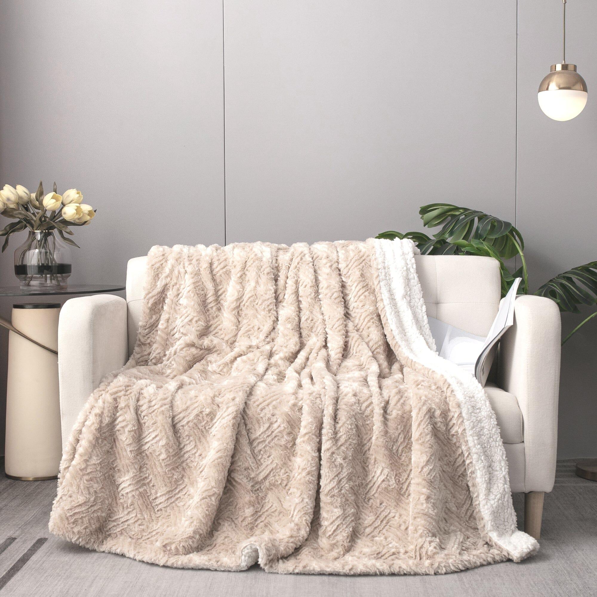 DaDalogy Bedding Champagne Ivory Faux Fur Throw Blanket - Dreamy Gold Geometric Embossed Sherpa Backside - Super Soft Warm Cozy Plush Fluffy DaDalogy Bedding Collection