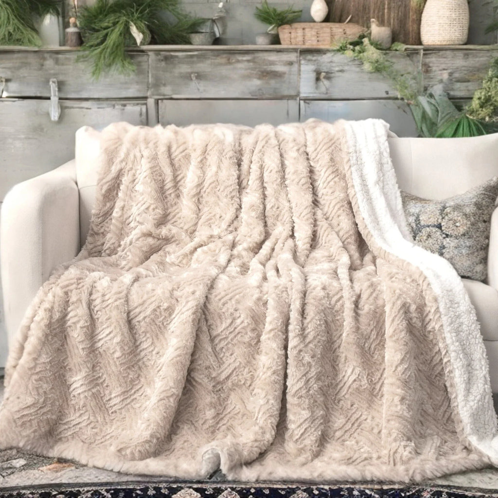 DaDalogy Bedding Champagne Ivory Faux Fur Throw Blanket - Dreamy Gold Geometric Embossed Sherpa Backside - Super Soft Warm Cozy Plush Fluffy DaDalogy Bedding Collection