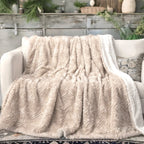 DaDalogy Bedding Champagne Ivory Faux Fur Throw Blanket - Dreamy Gold Geometric Embossed Sherpa Backside - Super Soft Warm Cozy Plush Fluffy DaDalogy Bedding Collection
