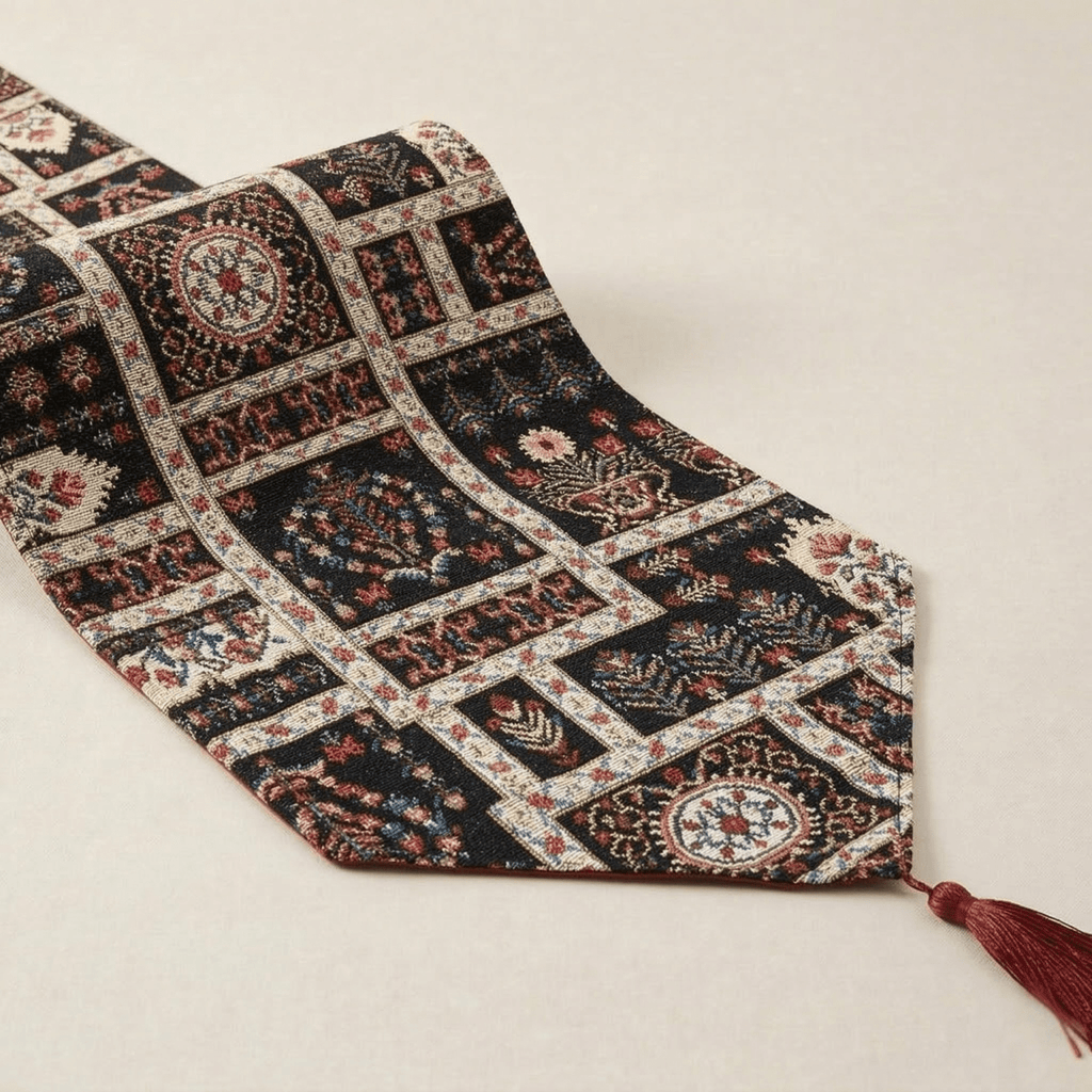 DaDalogy Bedding Elegant Woven Mughal Floral Tapestry Table Runner, Dark Noir Botanical Vintage Fleur (18197)
