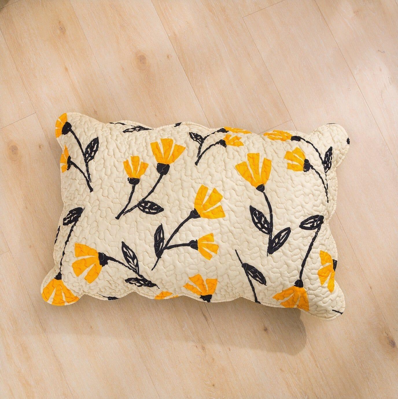 DaDalogy Bedding Yellow Fleur Floral Golden Orange Ivory Botanical Quilted Scalloped Pillow Sham (18112) DaDalogy Bedding Collection