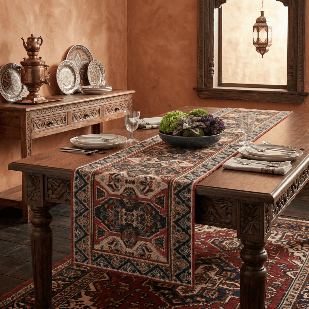DaDalogy Elegant Majestic Kilim Red Persian Rug Ornate Floral Woven Tapestry Table Runner (18195)