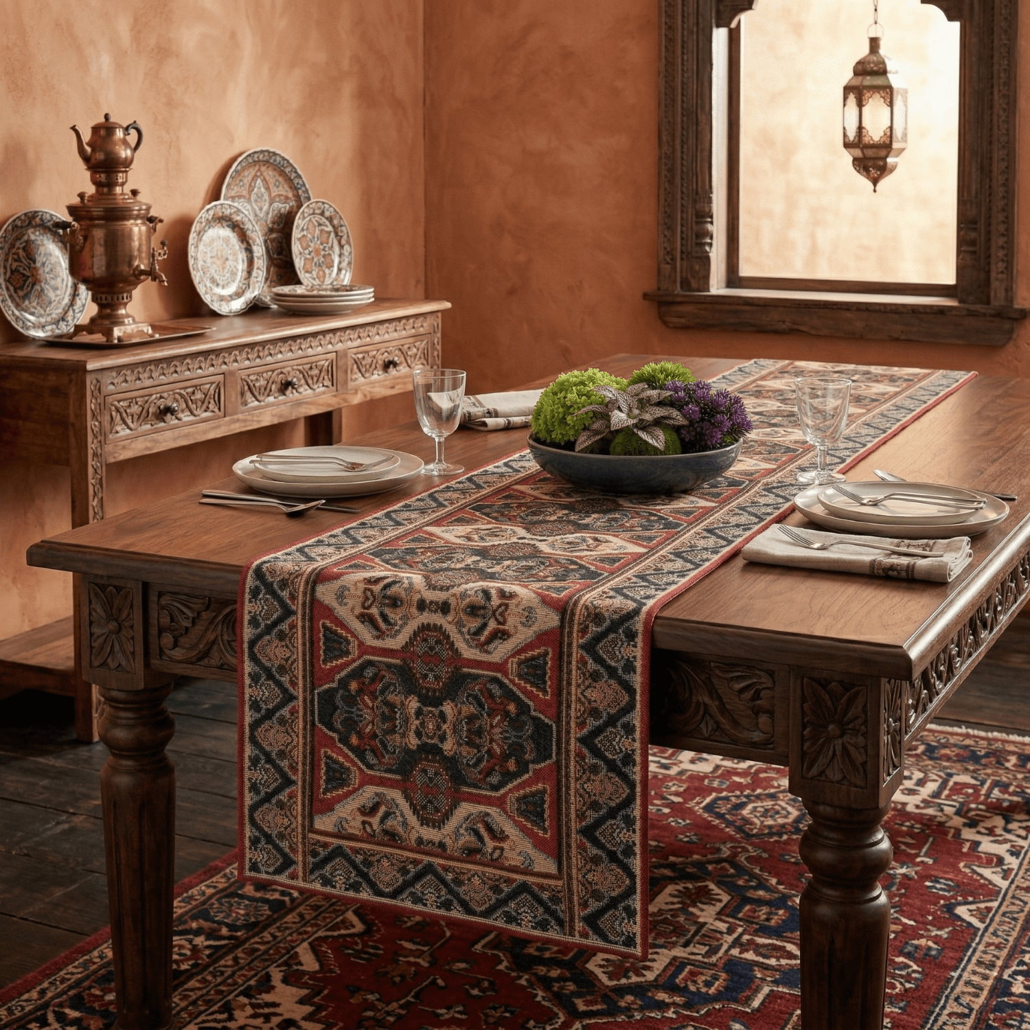 DaDalogy Elegant Majestic Kilim Red Persian Rug Ornate Floral Woven Tapestry Table Runner (18195)