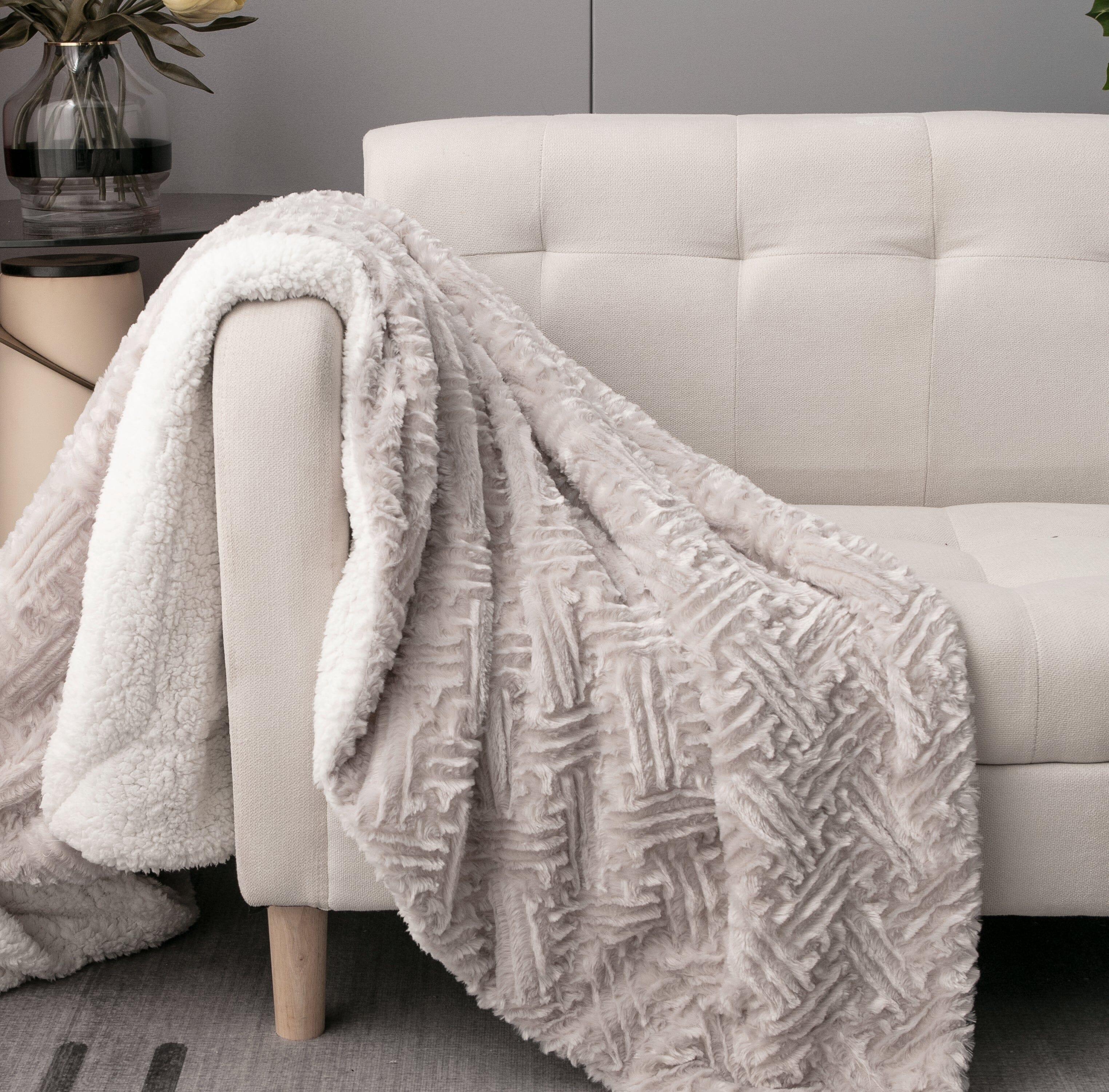 Dadalogy Bedding Lavender Grey Faux Fur Throw Blanket - Dreamy Geometric Embossed Sherpa Backside -... - House Of Avana