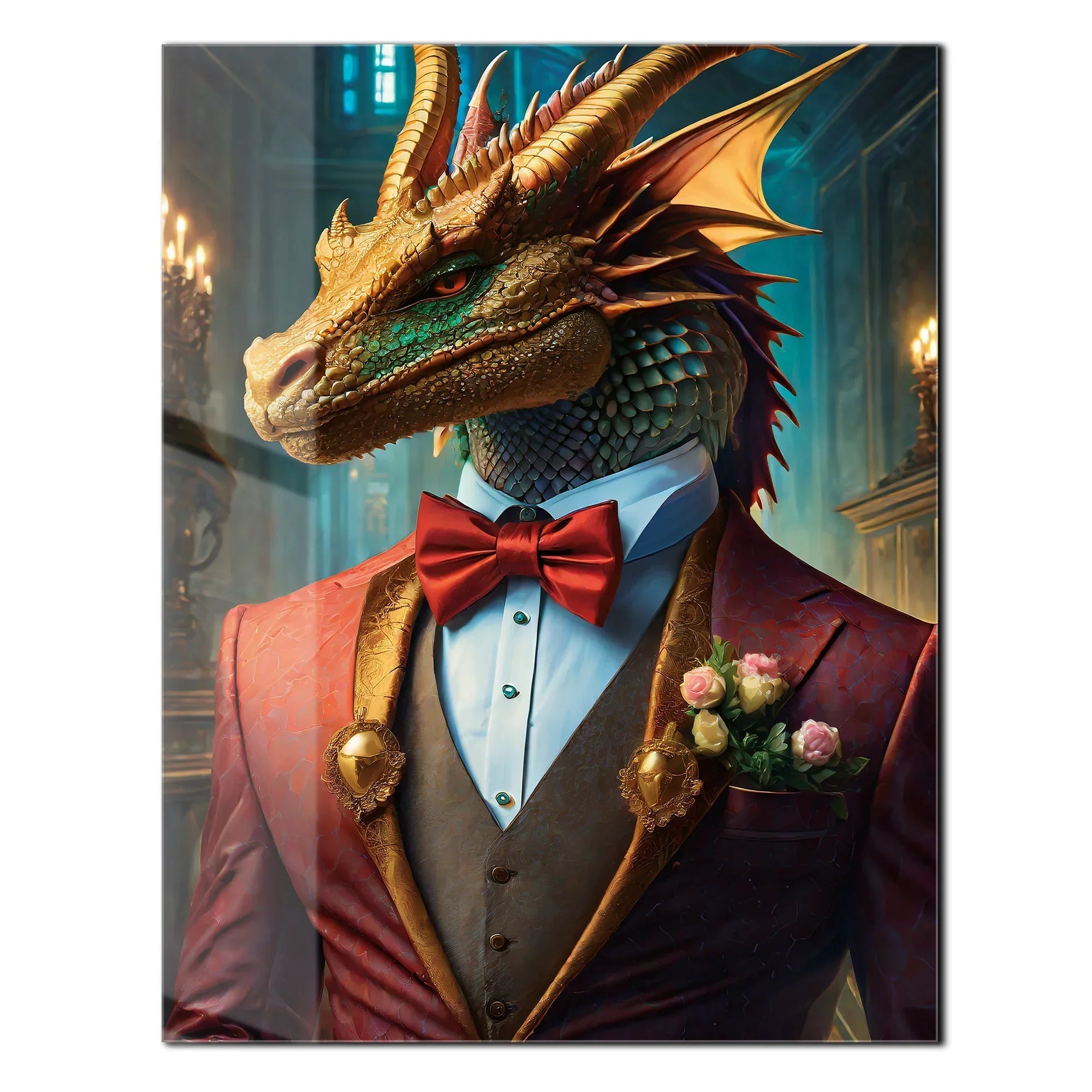 Dapper Dragon Gentleman Glass Wall Art – Fantasy Beast in Elegant Red Suit-KAFCD011 Peony Atelier