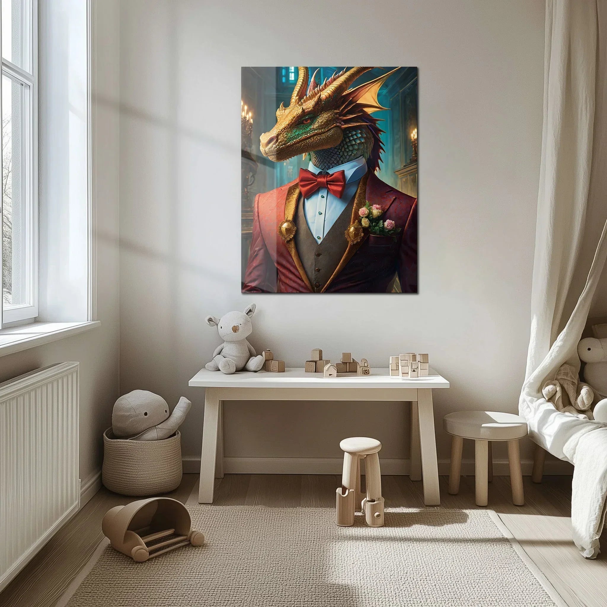Dapper Dragon Gentleman Glass Wall Art – Fantasy Beast in Elegant Red Suit-KAFCD011 Peony Atelier