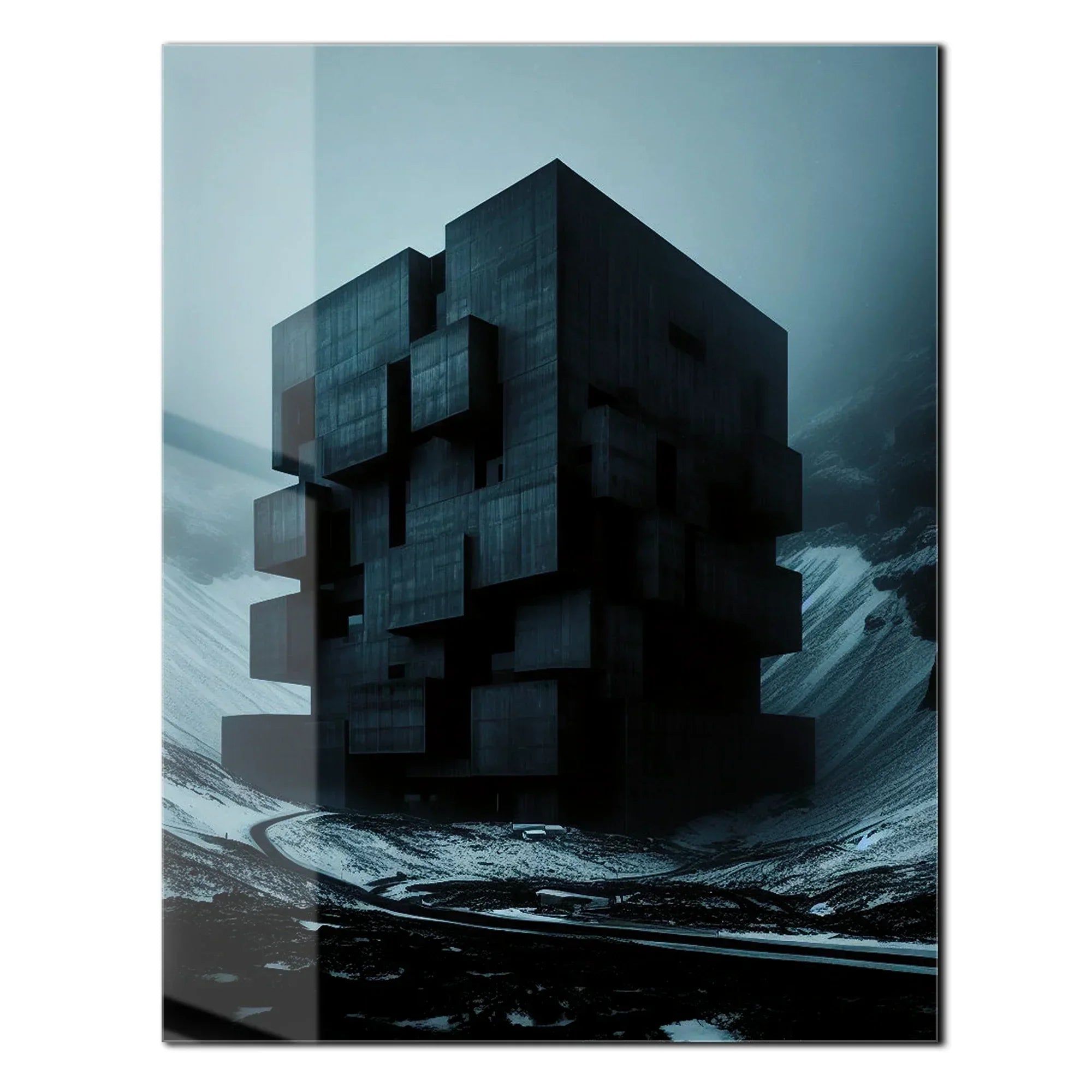 Dark Brutalist Architecture Glass Wall Art – Monolithic Structure UV Print-KAFCD025 Peony Atelier