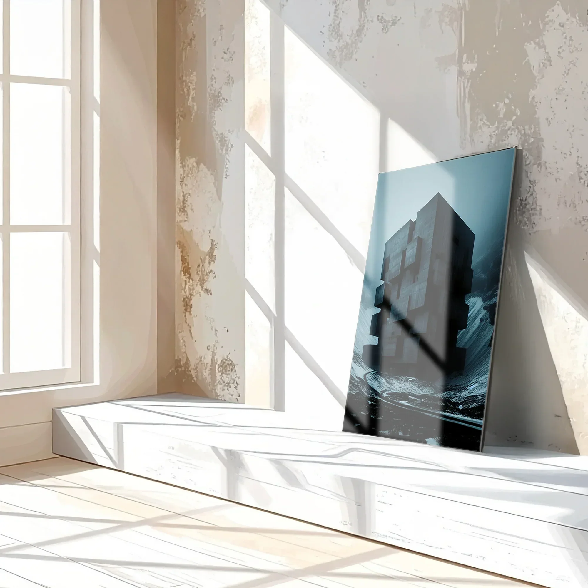 Dark Brutalist Architecture Glass Wall Art – Monolithic Structure UV Print-KAFCD025 Peony Atelier