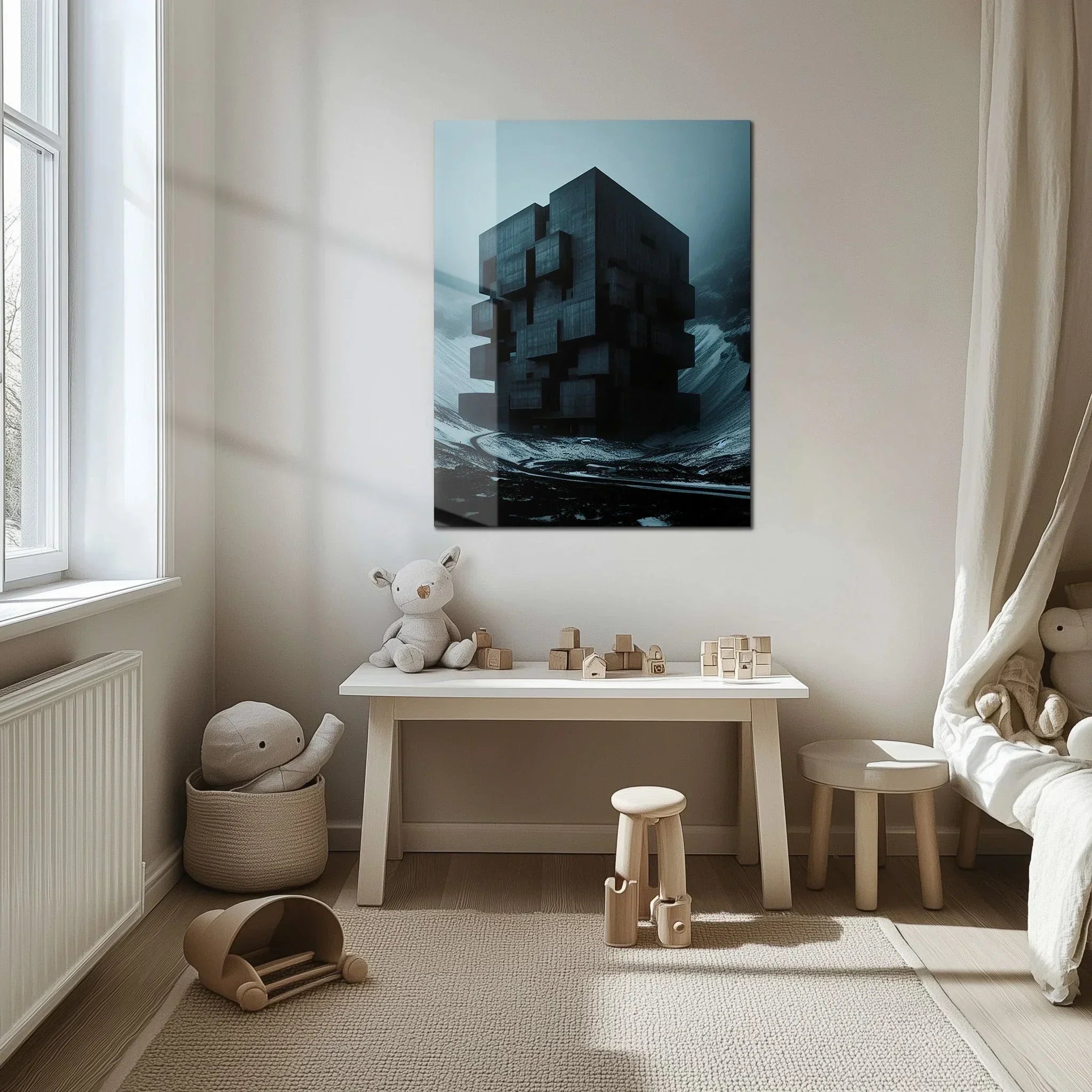 Dark Brutalist Architecture Glass Wall Art – Monolithic Structure UV Print-KAFCD025 Peony Atelier