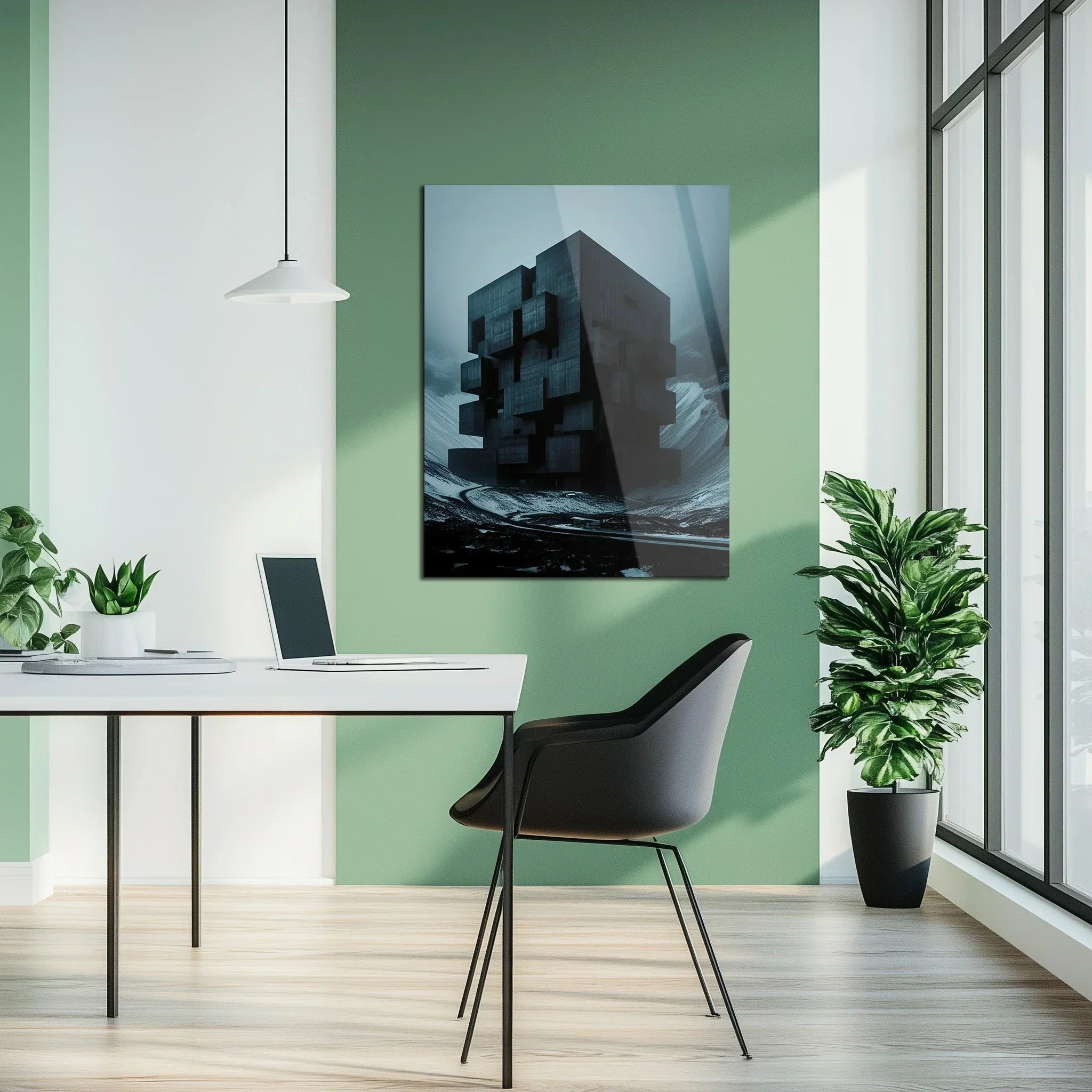 Dark Brutalist Architecture Glass Wall Art – Monolithic Structure UV Print-KAFCD025 Peony Atelier