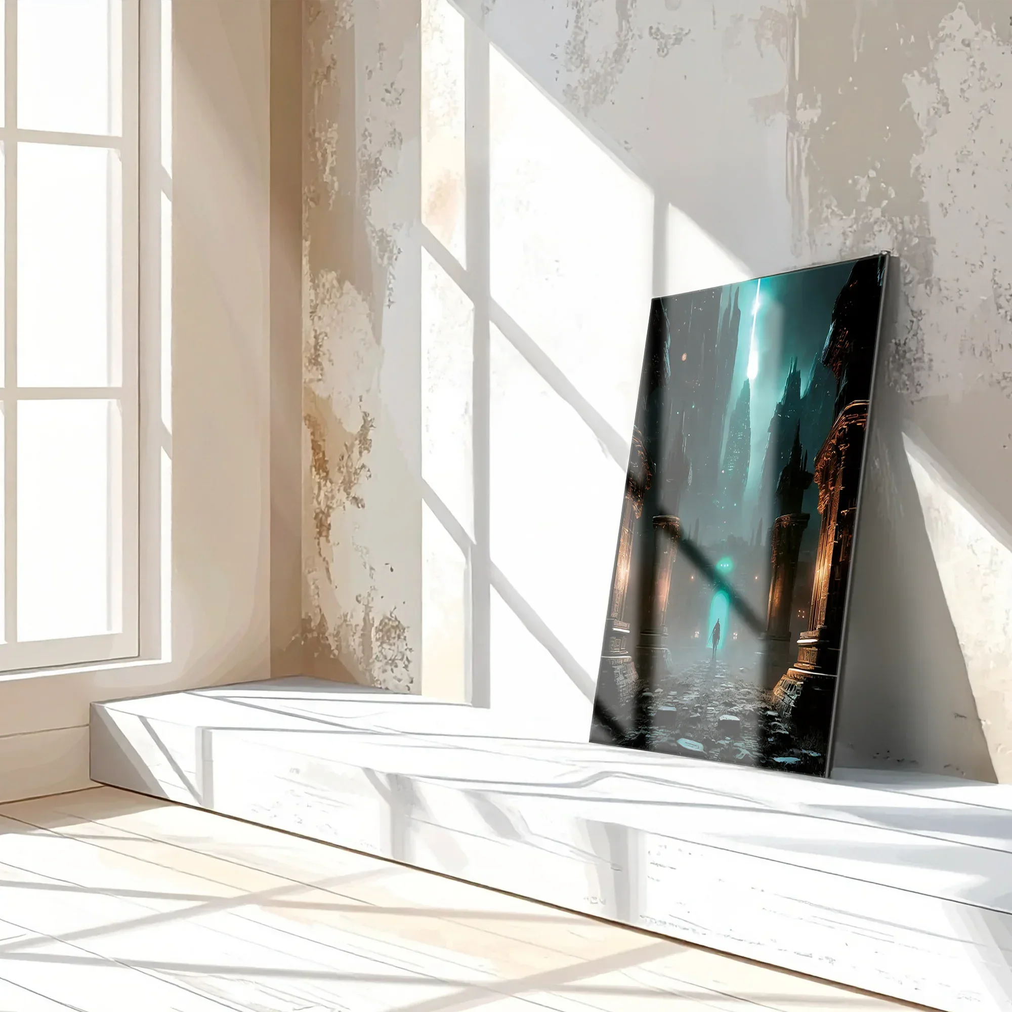 Dark Fantasy Fortress UV Glass Wall Art – Mysterious Warrior in Ancient Alien Ruins-KAFCD070 Peony Atelier