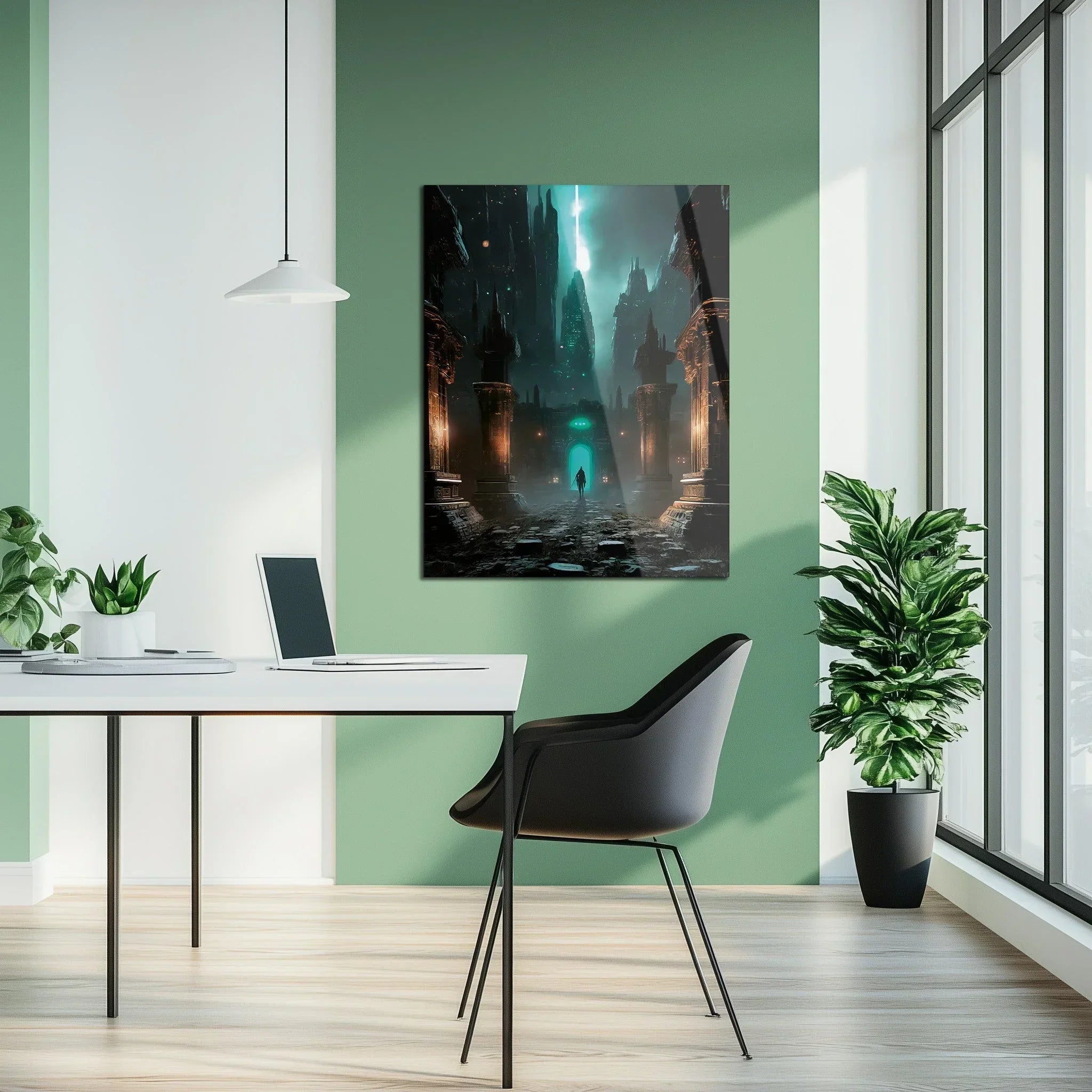Dark Fantasy Fortress UV Glass Wall Art – Mysterious Warrior in Ancient Alien Ruins-KAFCD070 Peony Atelier