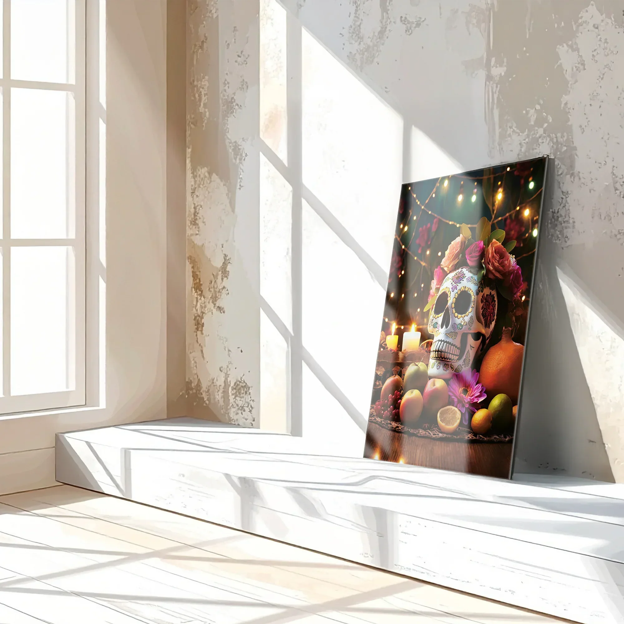 Day of the Dead Skull Glass Wall Art – UV Printed Floral Calavera Decor-KAFCD062 Peony Atelier