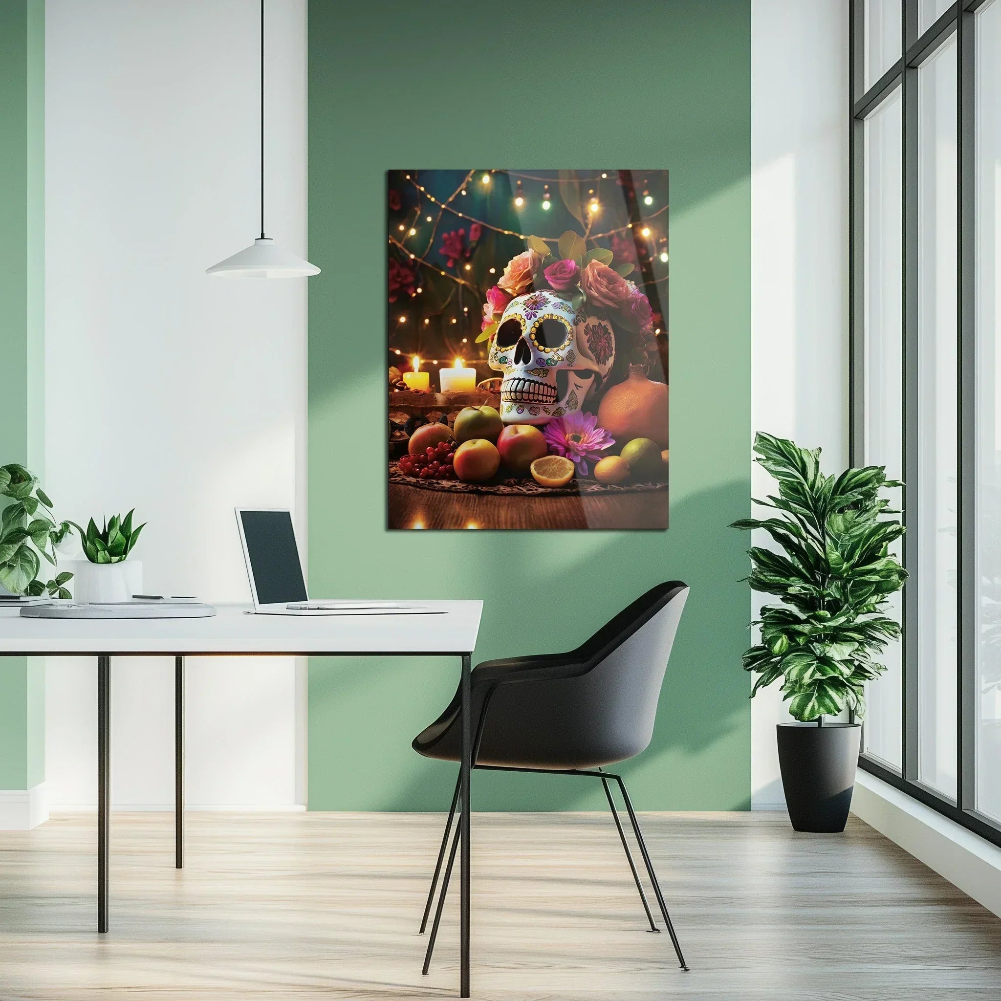 Day of the Dead Skull Glass Wall Art – UV Printed Floral Calavera Decor-KAFCD062 Peony Atelier