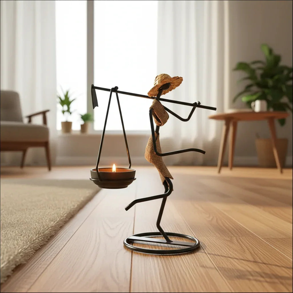 Black metal candle holder figurine wearing a straw hat and carrying a candle lantern for warm home decor