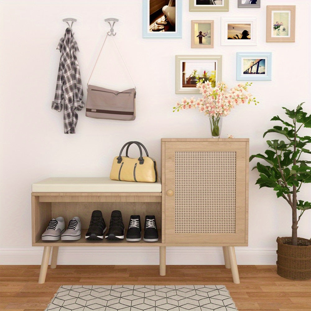 2-in-1 Shoe Storage Bench with Natural Rattan Accents, Adjustable Shelves & Removable Seat Cushion – Durable Wooden Frame, Ideal for Entryway, Hallway, Bedroom – Space-Saving Organizer with Decorative Faux Rattan Design House Of Avana