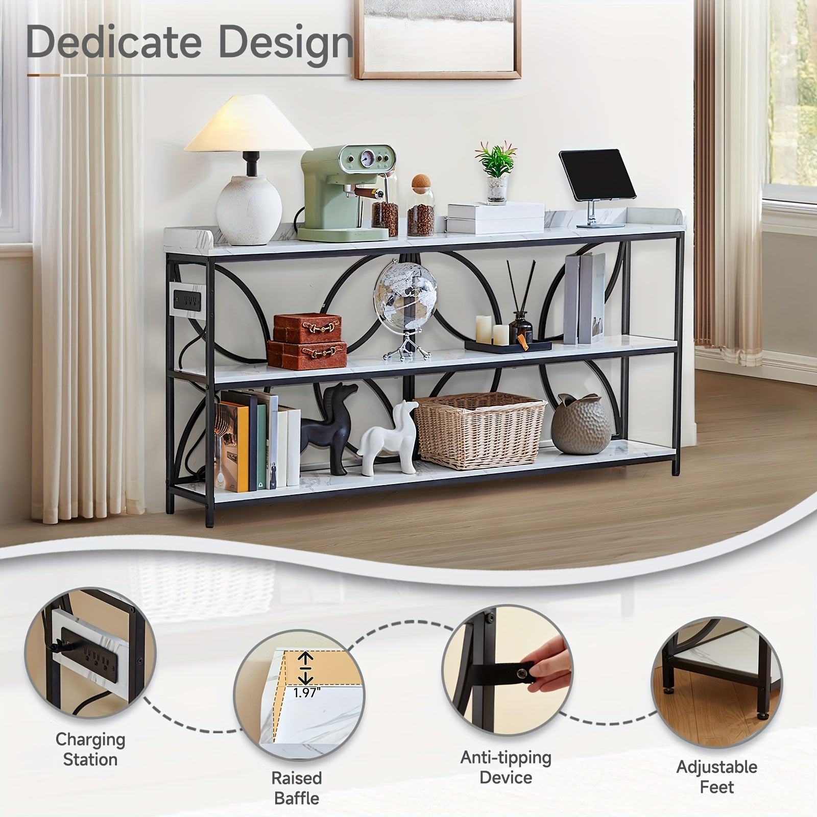 70.9" Extra Long Industrial Console Table, 3-Tier Rustic Metal & Wooden Display Rack, Heavy Duty Storage Shelves with Built-In Outlets, Vintage Entryway or Office Table, 54.3 lbs, Marble White or Rustic Finish, Entryway Furni House Of Avana