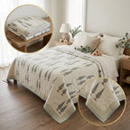 A quilted bedspread with a fish pattern is styled on a bed in a bright bedroom, with two circular inset close-ups showing the folded blanket and a detailed corner view of the fabric.