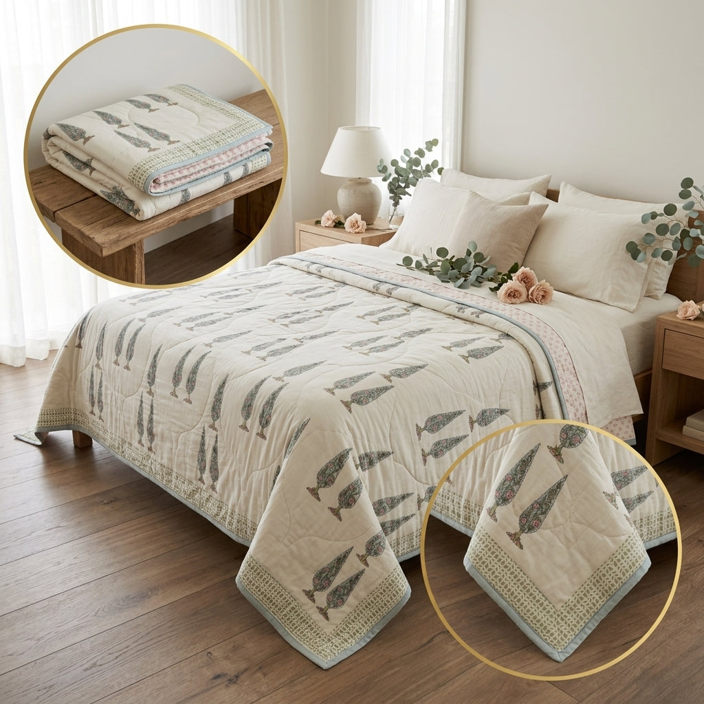 A quilted bedspread with a fish pattern is styled on a bed in a bright bedroom, with two circular inset close-ups showing the folded blanket and a detailed corner view of the fabric.