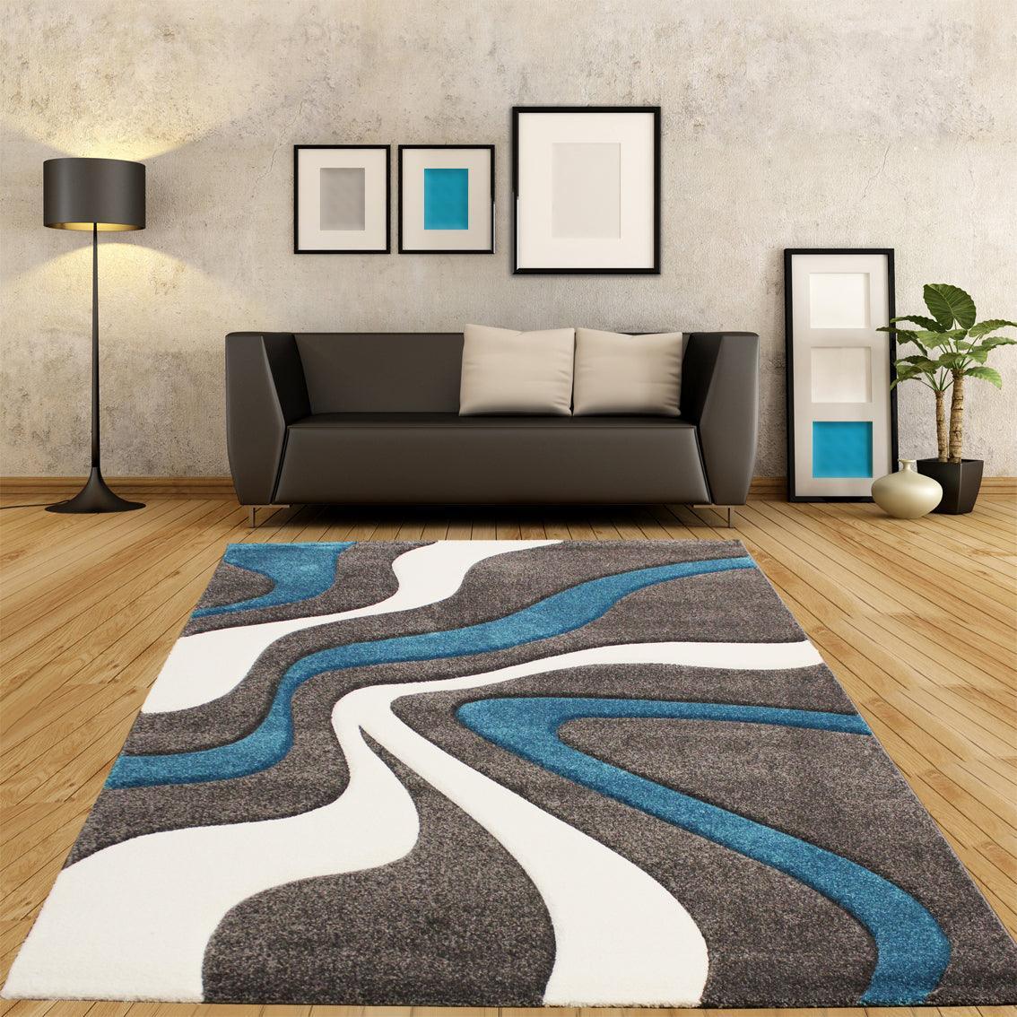 Designer Area Rug with Contour Cut and Modern Wave Pattern, back view - House Of Avana