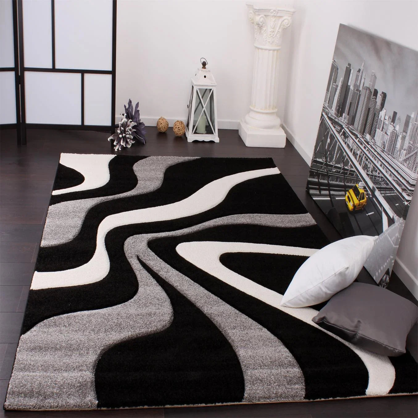 Designer Area Rug with Contour Cut and Modern Wave Pattern, front view - House Of Avana