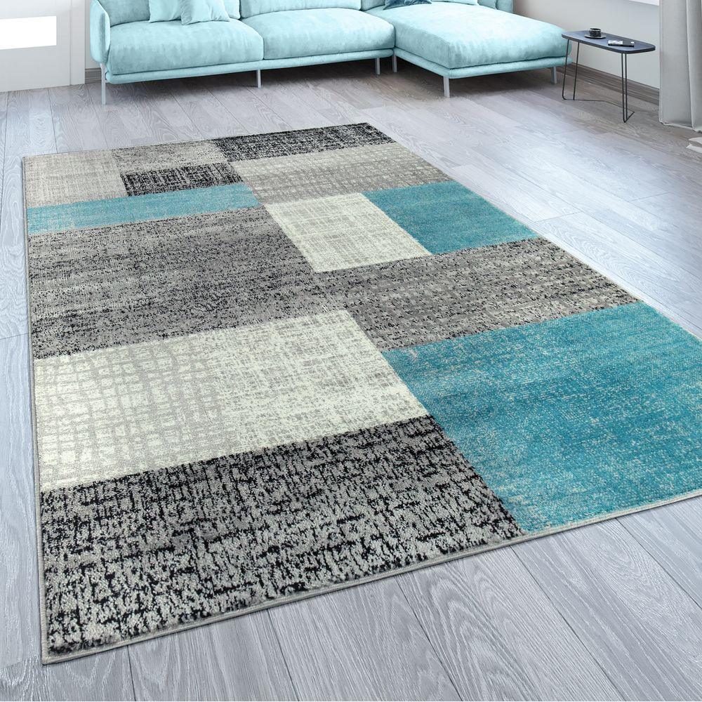 Designer Rug Sinai Checkered Pattern - Light Blue Grey, front view - House Of Avana