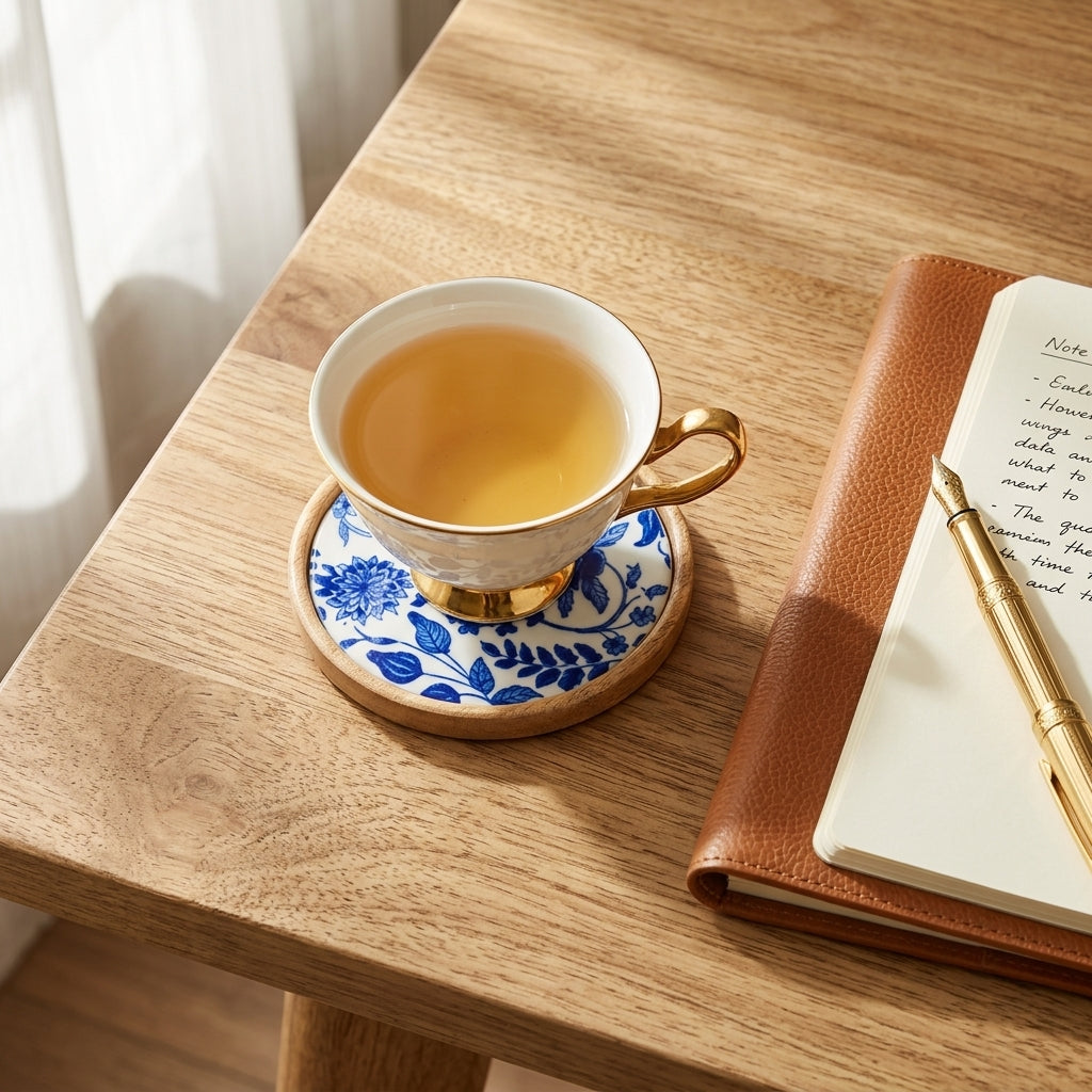 A white teacup with a gold handle and base sits on a blue-and-white floral coaster on a wooden table. A brown leather notebook and gold pen are beside it, with soft natural light coming from a window.
