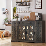 Wooden sideboard with glass doors in a living room setting